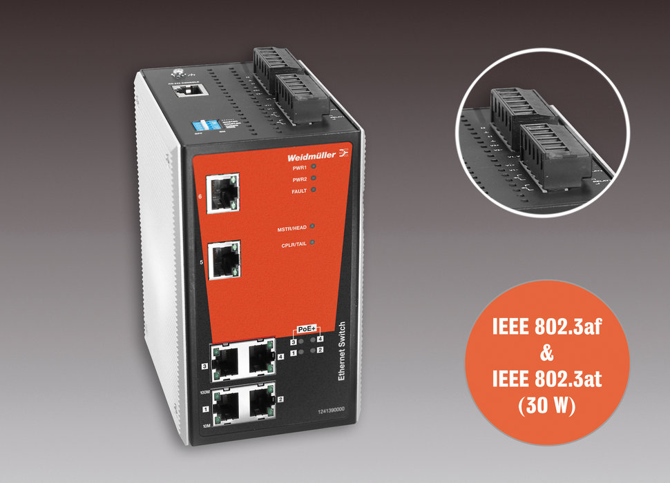 Gli switch Power over Ethernet di Weidmüller: switch a 6 porte gestiti e non gestiti con quattro porte PoE+. – Nuovi switch PoE+ Industrial Ethernet per applicazioni di comunicazione industriale.